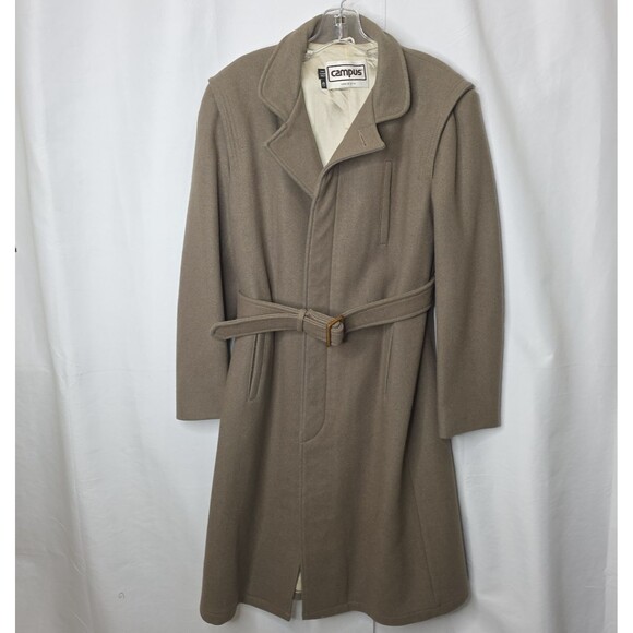 Vintage Wool Campus Trench Coat Lined Button Up Belt Brown Men's Sz 40 Made USA - Picture 1 of 16